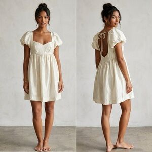 Free People Ivory Puff Sleeve Babydoll Mini Dress Open Tie Back Textured Cream 6